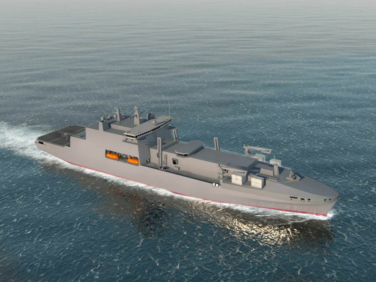 A computer rendering of one of the three services ships planned for the Royal Fleet Auxiliary